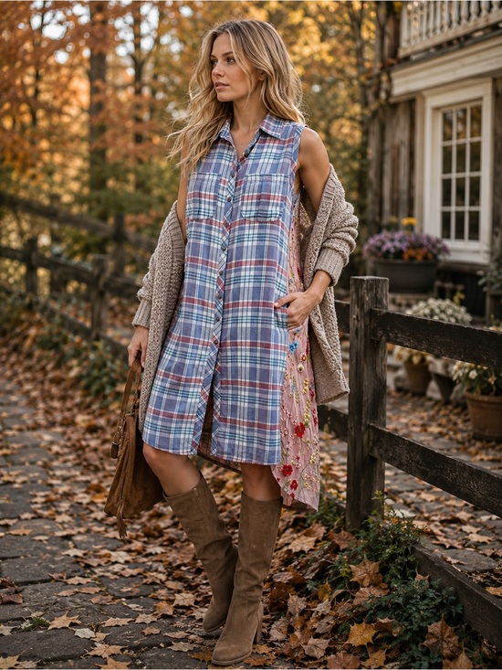 Aratta Tops - ARATTA SILENT JOURNEY ROMANTIC WESTERN PLAID FLORAL LACE TUNIC DRESS SZ S